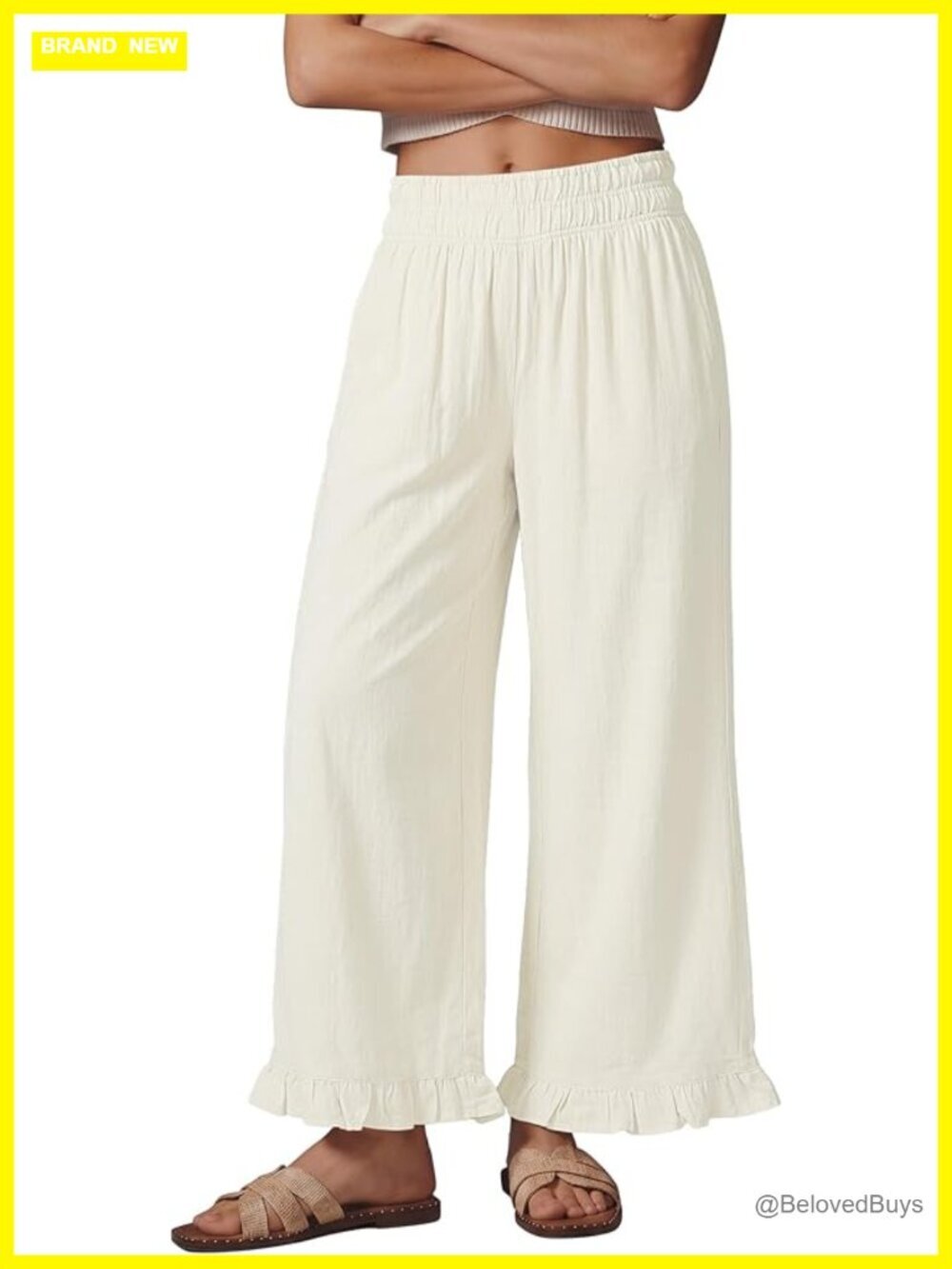 Linen Wide Leg Pants with Ruffle Hem, Elastic Waist, Pull On, Ankle Length
